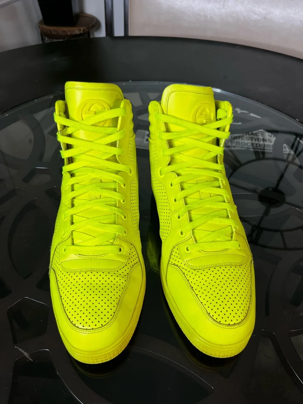 Gucci Coda Giallo Fluo Neon Yellow High-Top Sneakers Sz 14.5